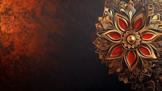 Elegant and intricate ornamental mandala design with vibrant cultural accents and gradients on a minimal golden background  Showcasing a traditional luxury and ceremonious aesthetic