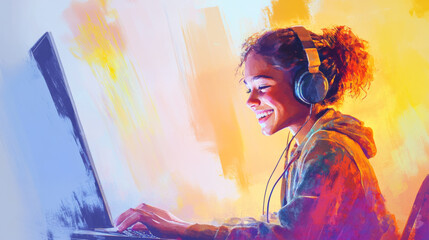 teenager with headphones smiles while interacting with laptop, showcasing joy and engagement in colorful digital environment