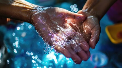 Fototapeta premium Scientist washing hands under running water in a lab, emphasizing hygiene and cleanliness. Generative by AI.