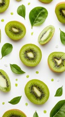 Fototapeta premium Bright green kiwi rounds lay beautifully on a pristine white background, surrounded by fresh green leaves