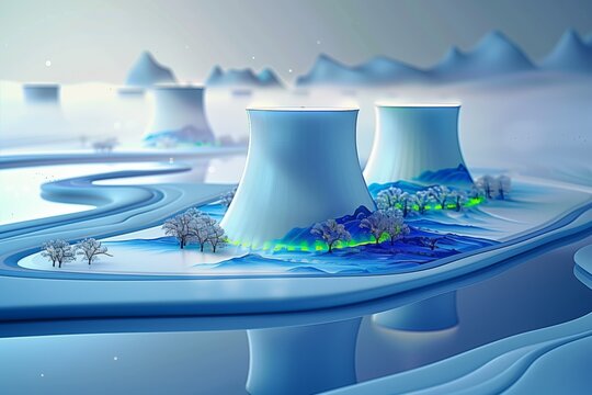 View of energy power plant sites with design of traditional Chinese landscape in style of blue and white porcelain