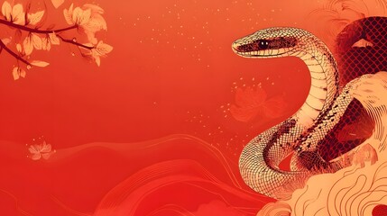 Obraz premium Elegant Minimal Snake on Vibrant Abstract Red Background with Decorative Cultural Patterns and Gradients