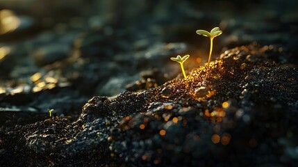 Fototapeta premium Small plant sprout illuminated by golden particles in the soil, symbolizing growth and nature. Generative by AI.
