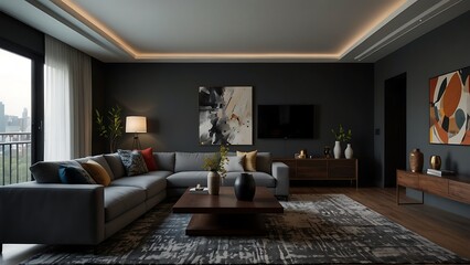 Modern Luxurious Living Room with Dark Walls, Large Sectional Sofa, and Contemporary Art Decor