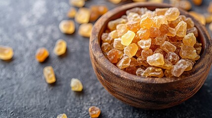 Amber sugar crystals in wooden bowl, close-up, dark background, food photography, recipe ingredient.