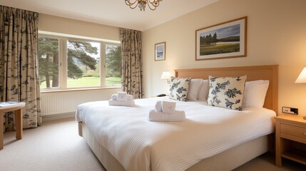 Spacious bedroom showcases an impressive headboard, white duvet, and beautiful chandelier as curtains gently sway in the breeze