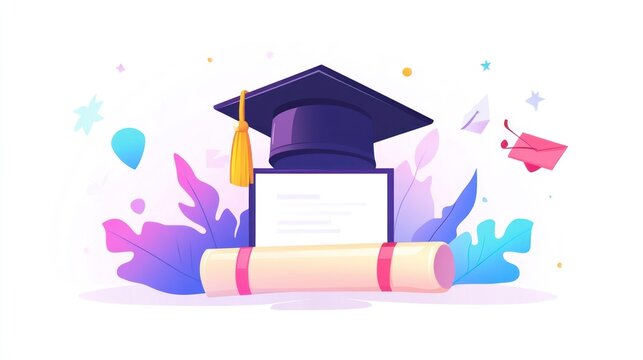 Graduation cap, diploma, and scroll on colorful background.