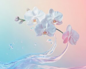 Elegant white orchids surrounded by gentle waves of color and water droplets.