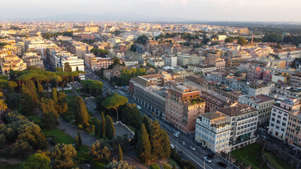 Fototapeta premium Aerial view of classical Roman architecture with historic ruins, domes, and ancient buildings in Rome, Italy
