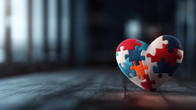 This image showcases a textured representation of a heart shaped from puzzle pieces, symbolizing the beauty of love, relationships, and the feelings that bind us together.