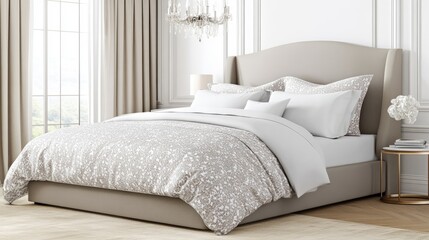 Spacious bedroom showcases an impressive headboard, white duvet, and beautiful chandelier as curtains gently sway in the breeze