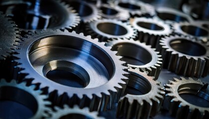 Close-up of interlocking metal gears representing teamwork and precision