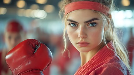Focused female martial artist in red gi and boxing glove.