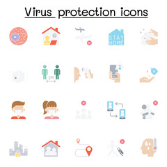 Set of Virus protection line icons. contains such Icons as, social distancing, mask, hand washing, stay home and more.