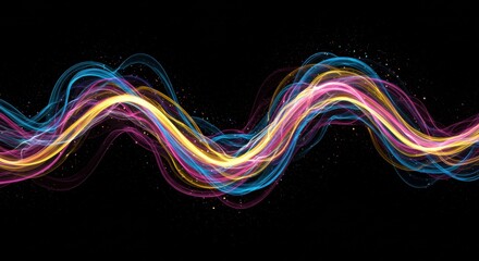 Abstract Lightwave Symphony:  A mesmerizing display of vibrant, swirling lightwaves in shades of pink, blue, and gold dance across a deep black background.