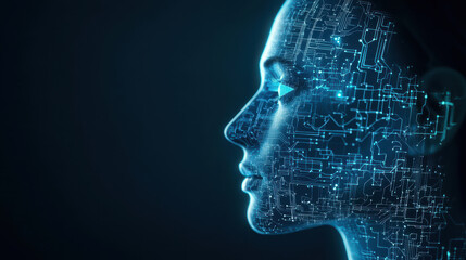 Digital representation of human face with circuit patterns, symbolizing technology and innovation
