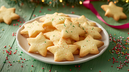 Spritz star-shaped cookies with sprinkles on a festive plate