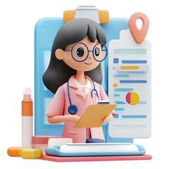 Friendly Female Medical Professional in 3D Cartoon Style with Digital Healthcare Elements