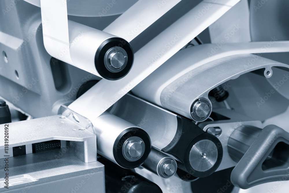 Poster fragment of the conveyor of sticking labeling machine. abstract industrial background.