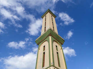 Muslim mosque for prayer and worship of Allah, Omar bin Abdul Aziz Mosque, Jijel State, Algeria, North African mosques in village on Mediterranean coast, Minaret and dome of  mosque, Ramadan iftar.