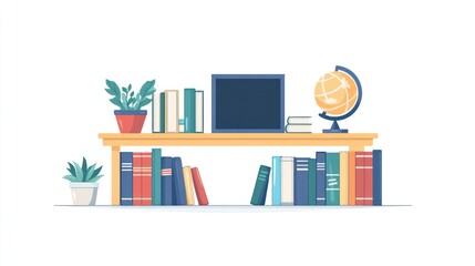 Fototapeta premium Books, plants, and globe on a shelf.