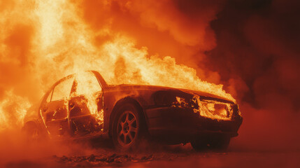 Burning car engulfed in flames at night with intense fire and smoke