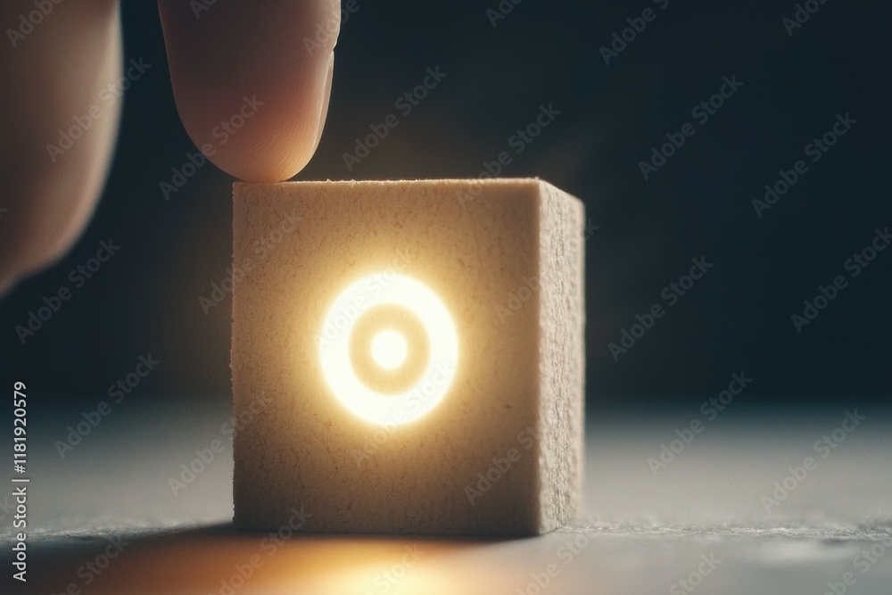 Poster hand touching illuminated cube with circular light source in dark environment