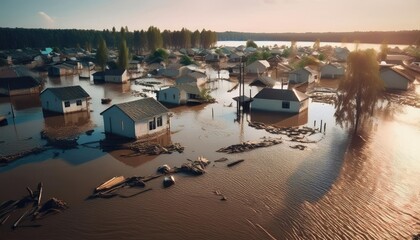 Fototapeta premium Aerial view of the flooded region of the village. Houses surrounded by water and debris. Natural disaster, evacuation 