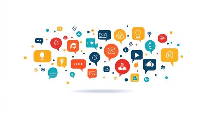 Colorful speech bubbles with communication icons.