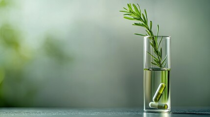 Fototapeta premium Rosemary extract capsules in a glass, herbal medicine research.