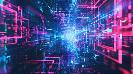 Abstract blue, mint and pink background with interlaced digital glitch and distortion effect. Futuristic cyberpunk design. Retro futurism, webpunk, rave 80s 90s cyberpunk aesthetic techno neon colors