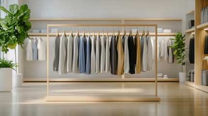 modern clothing display featuring variety of stylish garments on hangers, showcasing neutral colors and minimalist design in bright retail space