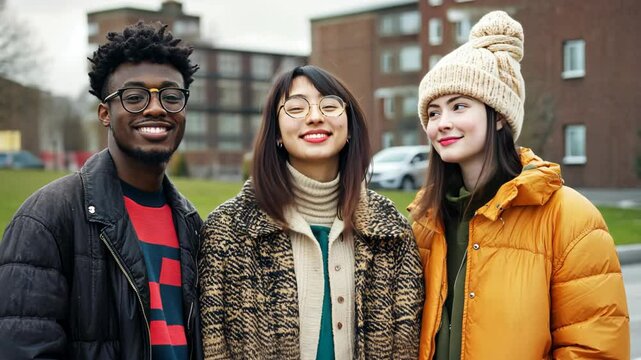 black young man with two Asian girl smiling standing together at outdoor town street 