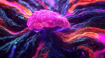 Symbolize of Neurotechnology. Vibrant abstract representation of a brain with flowing colors.