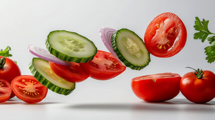 Fresh sliced vegetables including tomatoes, cucumbers, and onions are beautifully arranged mid air, showcasing vibrant colors and textures. This dynamic shot captures essence of healthy eating and