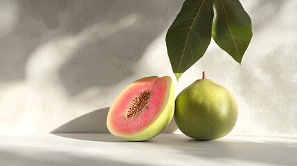 Two guavas, one sliced, showcasing vibrant colors and textures against a minimalist background.