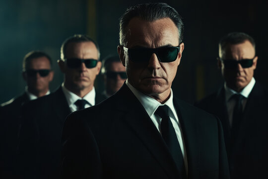 Men in Black Suits and Sunglasses in a Dramatic Group Portrait