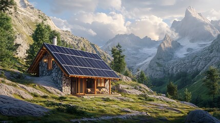 Obraz premium Eco-Friendly Mountain Cabin with Solar Panels