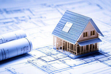 Model house on architectural blueprints with rolled construction plans