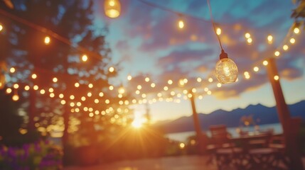 Evening Garden Party String Lights Sunset Scene