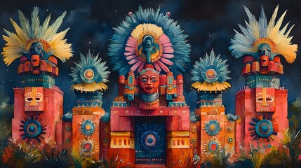 Obraz premium Watercolor illustration of a carnival float decorated with dazzling lights and cultural motifs