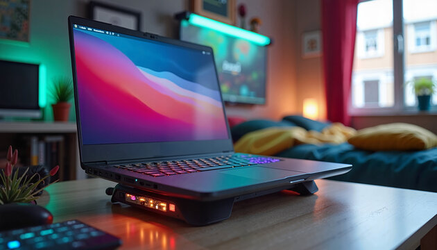 Sleek laptop glowing on desk in colorful cozy bedroom, ideal for tech lifestyle blogs