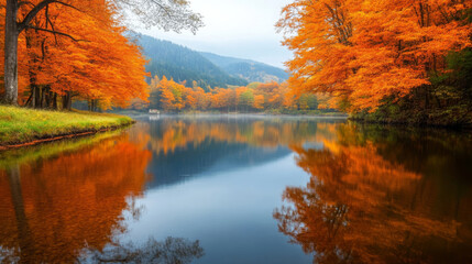 Fototapeta premium calm river running through forest with colorful autumn trees reflecting on water. serene landscape captures beauty of nature in fall