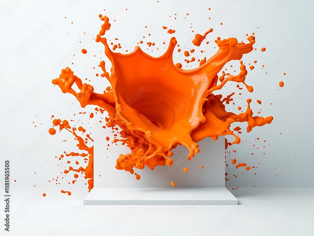 Poster captivating orange liquid explosion cascades dynamically across a pristine white backdrop creating a