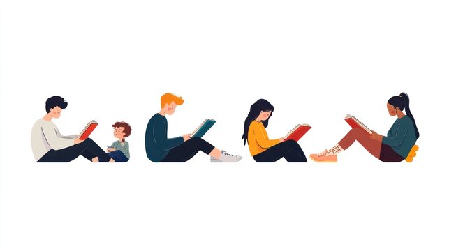 Diverse group of people reading books sitting on the floor.