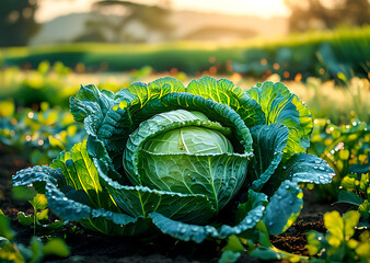 Fresh Dewy Green Cabbage in a Farm Field at Sunrise