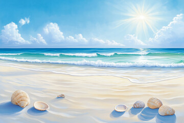 Obraz premium A peaceful beach scene with seashells scattered along the shore, with copy space. 
