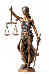 A statue of Lady Justice holding scales and a sword isolated on white