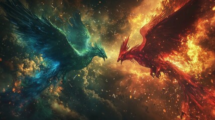 青と赤の不死鳥の戦いで崩壊する世界