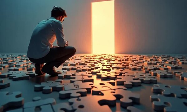A young entrepreneur creating a pathway of completed puzzle pieces, symbolizing problem-solving, vision, and success